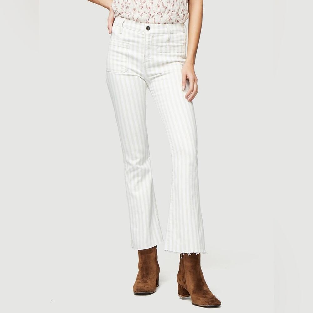 Frame Denim Le Bardot Crop Flare Raw Edge in Courtyard Tan White Stripe Size 24